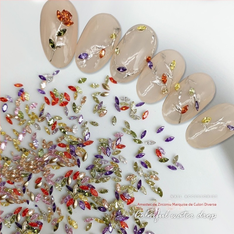 Decorațiuni pentru unghii din zirconiu: tăiere Marquise, model picătură de apă, mini zirconii multicolore