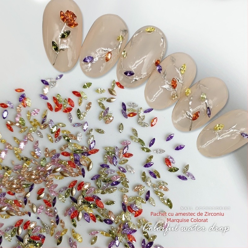 Decorațiuni pentru unghii din zirconiu: tăiere Marquise, model picătură de apă, mini zirconii multicolore