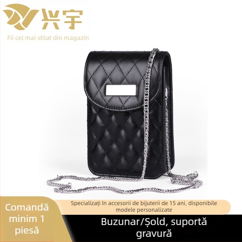 Geantă crossbody talie cu lanț, quiltată, material PU, fermoar, buzunar interior laminat