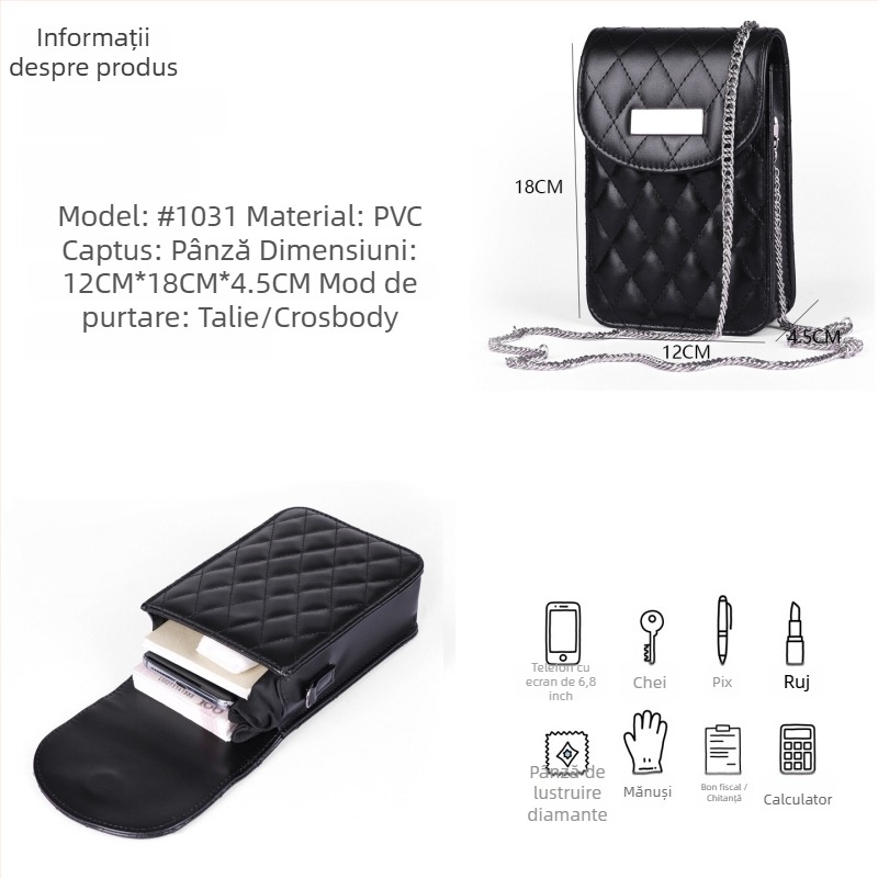 Geantă crossbody talie cu lanț, quiltată, material PU, fermoar, buzunar interior laminat