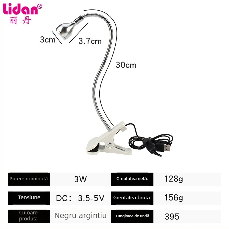 Lampă de unghii de birou cu unghi reglabil, 3W, lampă UV pentru uscare gel, cu clips