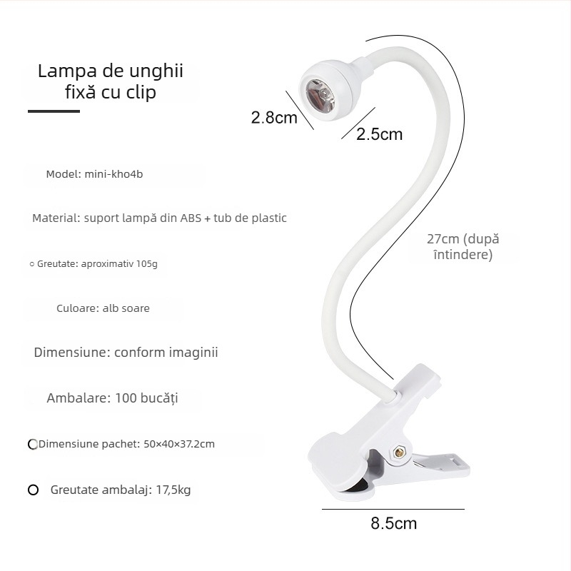 Lampă de unghii de birou cu unghi reglabil, 3W, lampă UV pentru uscare gel, cu clips