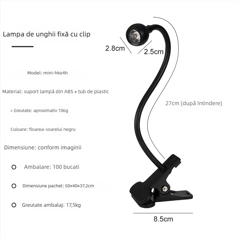 Lampă de unghii de birou cu unghi reglabil, 3W, lampă UV pentru uscare gel, cu clips