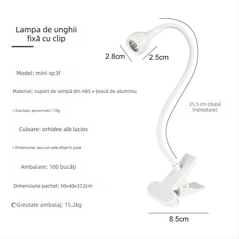 Lampă de unghii de birou cu unghi reglabil, 3W, lampă UV pentru uscare gel, cu clips