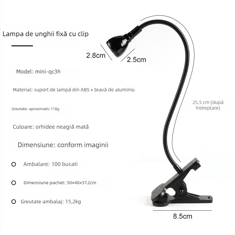 Lampă de unghii de birou cu unghi reglabil, 3W, lampă UV pentru uscare gel, cu clips