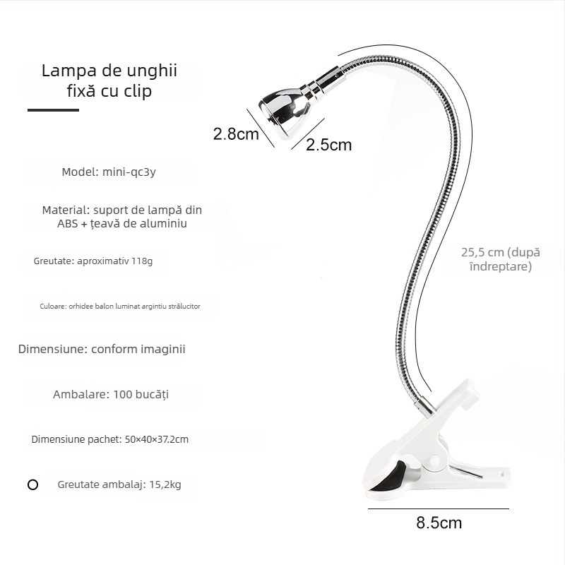 Lampă de unghii de birou cu unghi reglabil, 3W, lampă UV pentru uscare gel, cu clips