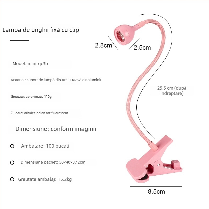 Lampă de unghii de birou cu unghi reglabil, 3W, lampă UV pentru uscare gel, cu clips