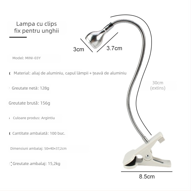 Lampă de unghii de birou cu unghi reglabil, 3W, lampă UV pentru uscare gel, cu clips