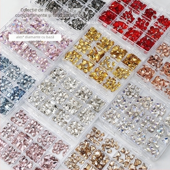 Set unghii cu rhinestones – cutie cu 12 compartimente, forme inimă, fluture, pătrat și octogonal; stil minimalist; material: rhinestones