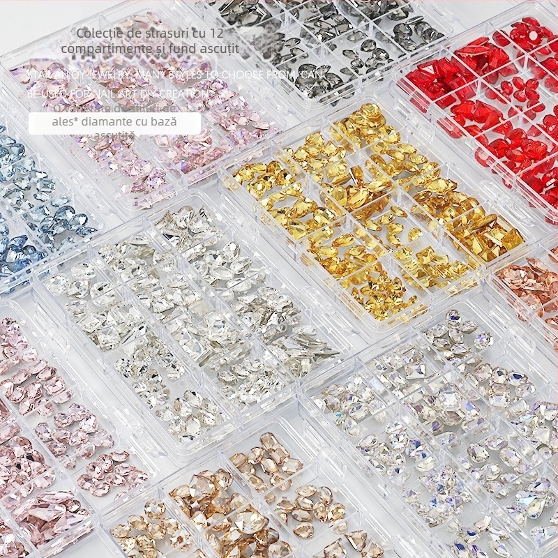 Set unghii cu rhinestones – cutie cu 12 compartimente, forme inimă, fluture, pătrat și octogonal; stil minimalist; material: rhinestones