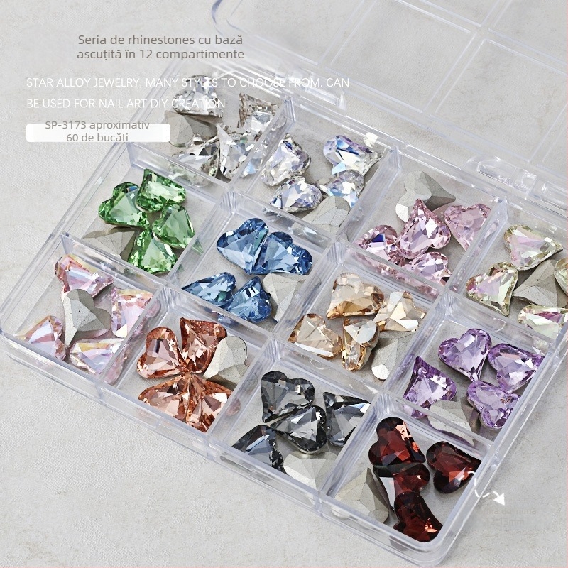 Set unghii cu rhinestones – cutie cu 12 compartimente, forme inimă, fluture, pătrat și octogonal; stil minimalist; material: rhinestones