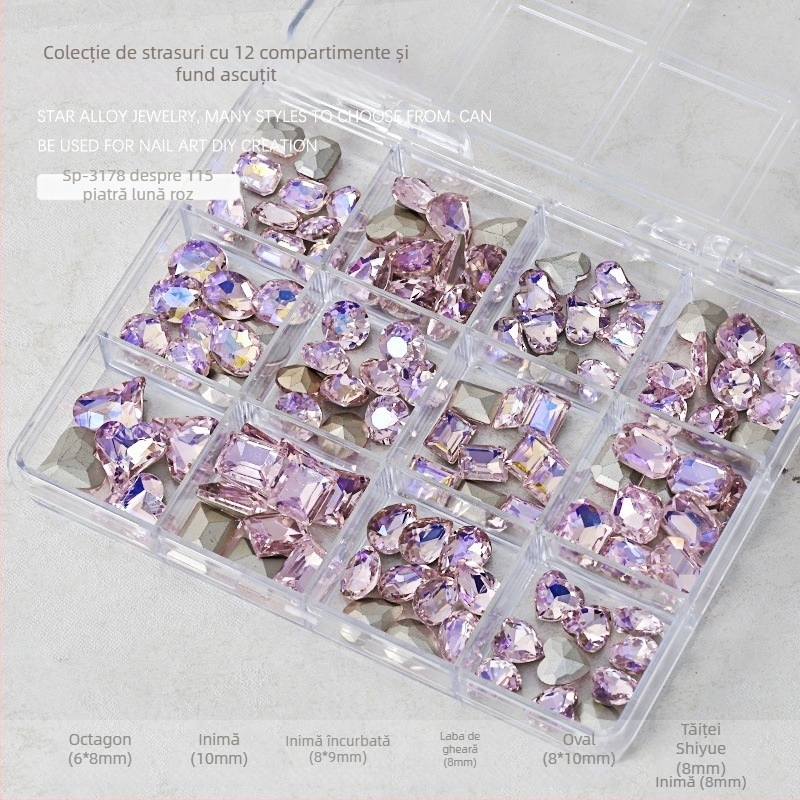 Set unghii cu rhinestones – cutie cu 12 compartimente, forme inimă, fluture, pătrat și octogonal; stil minimalist; material: rhinestones