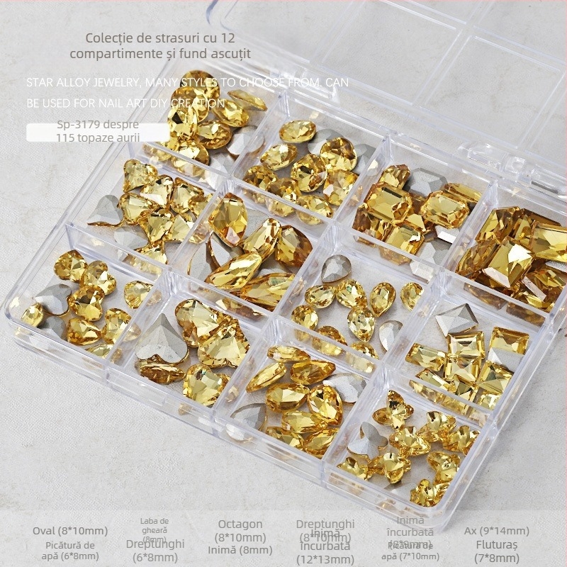 Set unghii cu rhinestones – cutie cu 12 compartimente, forme inimă, fluture, pătrat și octogonal; stil minimalist; material: rhinestones