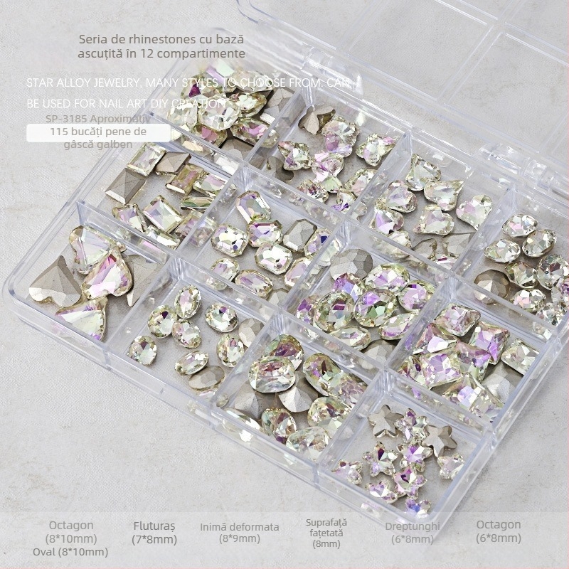 Set unghii cu rhinestones – cutie cu 12 compartimente, forme inimă, fluture, pătrat și octogonal; stil minimalist; material: rhinestones