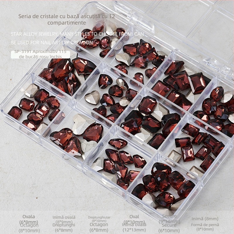 Set unghii cu rhinestones – cutie cu 12 compartimente, forme inimă, fluture, pătrat și octogonal; stil minimalist; material: rhinestones
