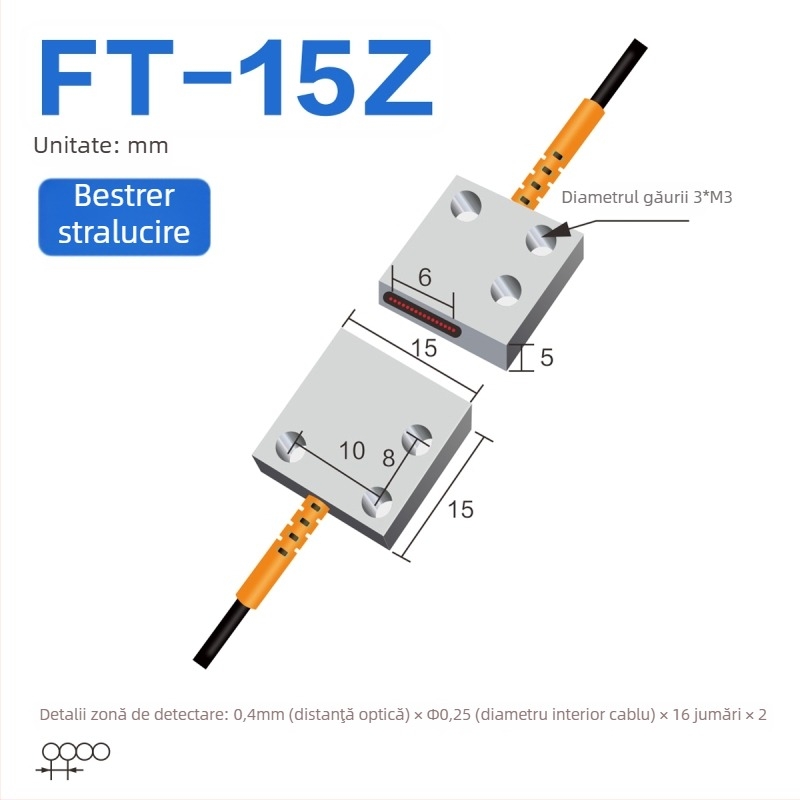 Senzor optic pe fibră Through-beam, matrice, amplificator pentru detecție în zonă, reflexie difuză