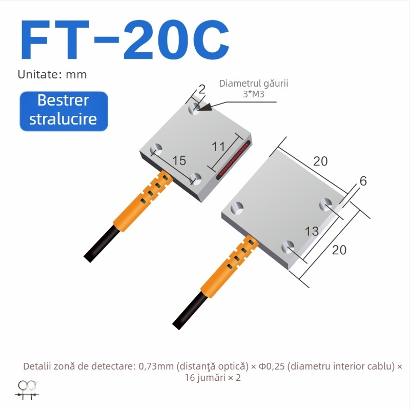 Senzor optic pe fibră Through-beam, matrice, amplificator pentru detecție în zonă, reflexie difuză