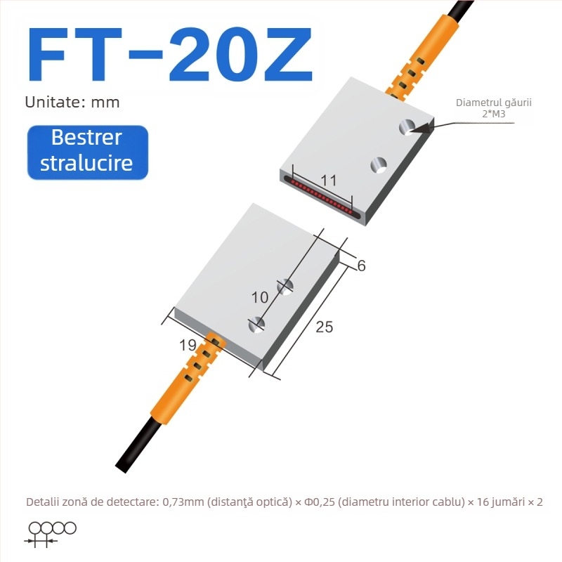 Senzor optic pe fibră Through-beam, matrice, amplificator pentru detecție în zonă, reflexie difuză