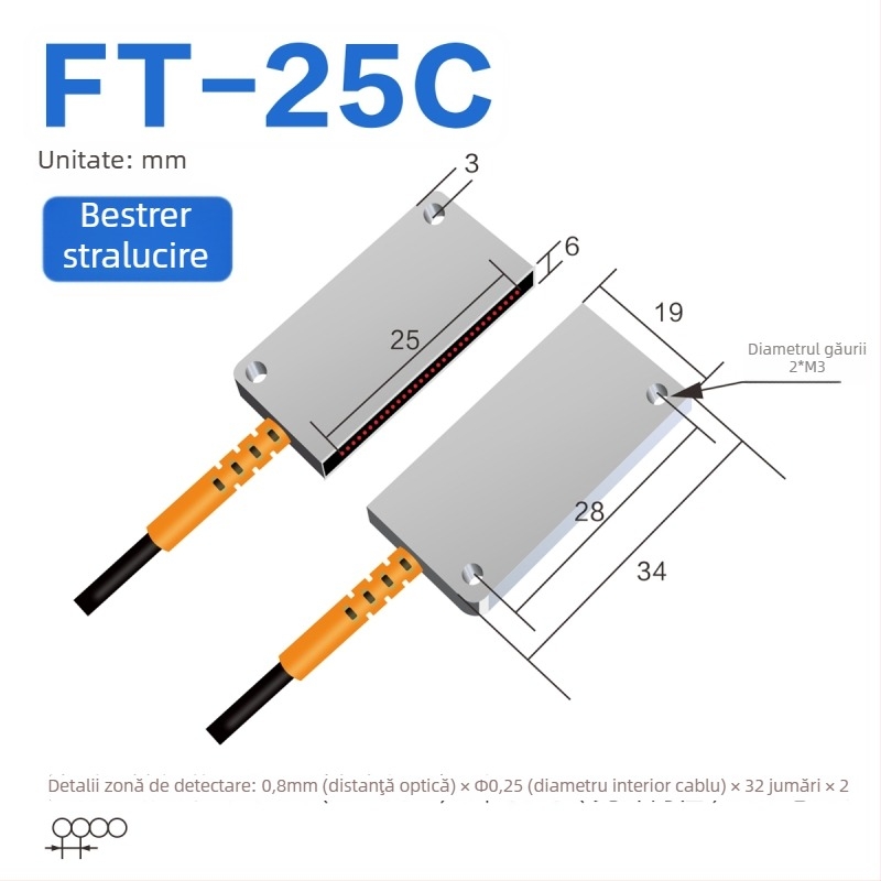 Senzor optic pe fibră Through-beam, matrice, amplificator pentru detecție în zonă, reflexie difuză
