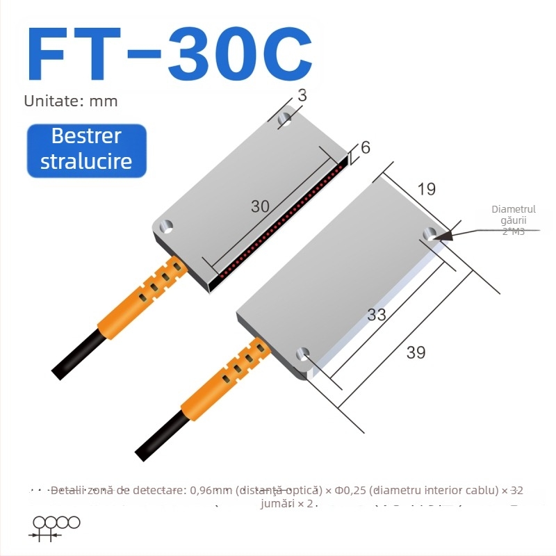 Senzor optic pe fibră Through-beam, matrice, amplificator pentru detecție în zonă, reflexie difuză