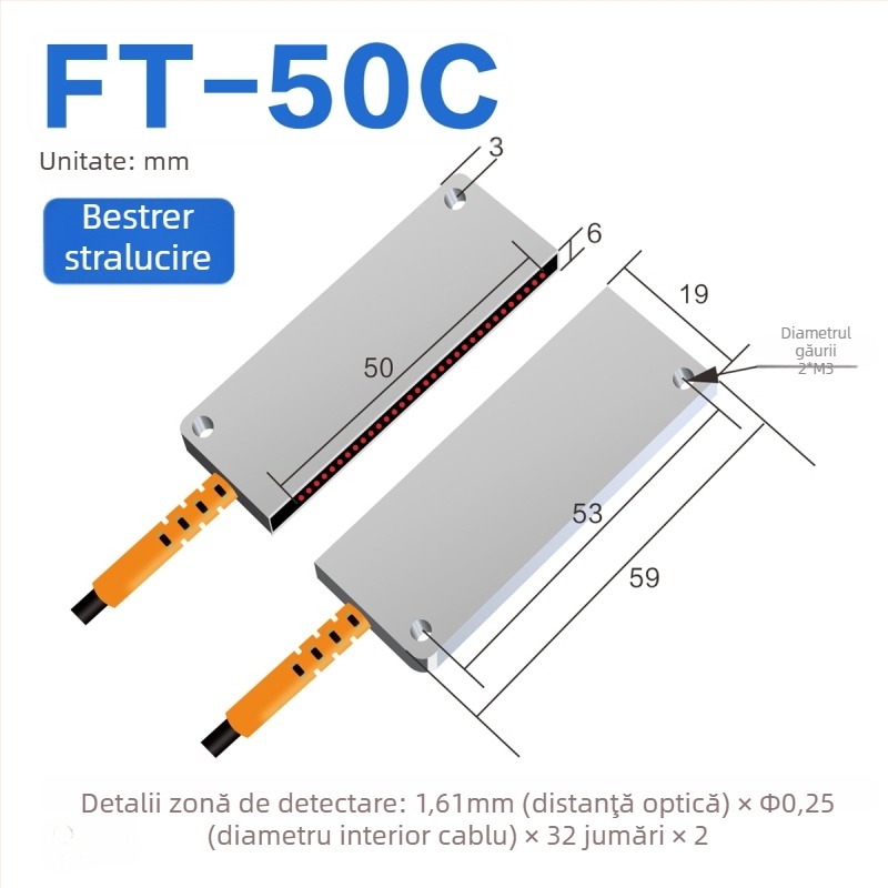 Senzor optic pe fibră Through-beam, matrice, amplificator pentru detecție în zonă, reflexie difuză