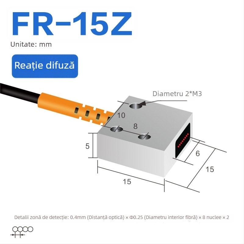 Senzor optic pe fibră Through-beam, matrice, amplificator pentru detecție în zonă, reflexie difuză