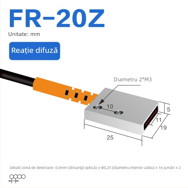 Senzor optic pe fibră Through-beam, matrice, amplificator pentru detecție în zonă, reflexie difuză
