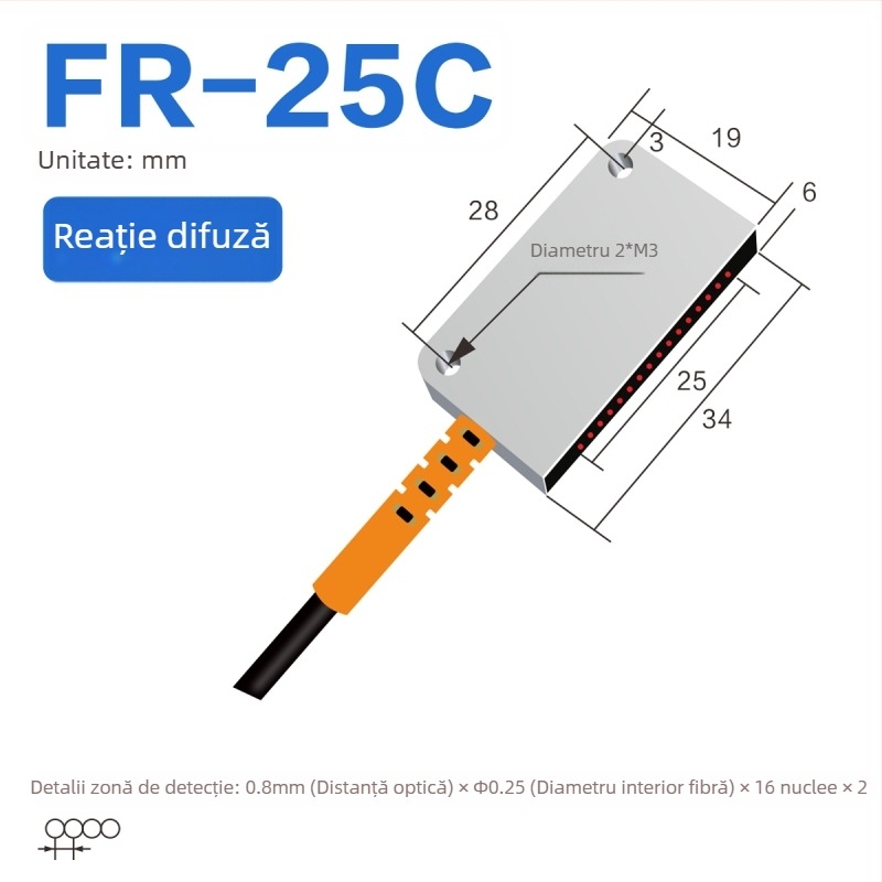 Senzor optic pe fibră Through-beam, matrice, amplificator pentru detecție în zonă, reflexie difuză
