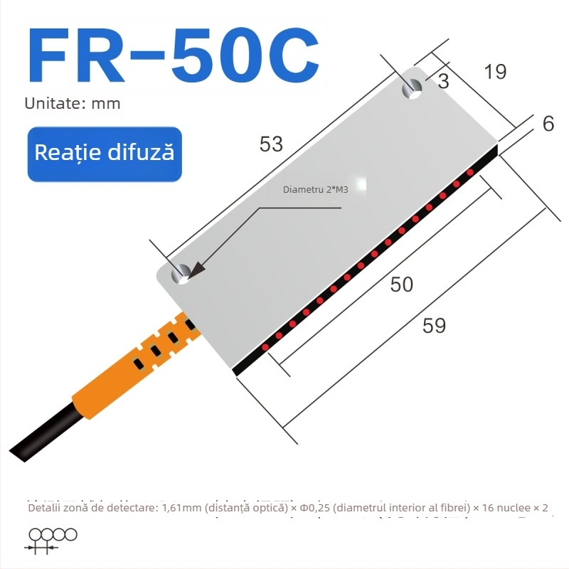 Senzor optic pe fibră Through-beam, matrice, amplificator pentru detecție în zonă, reflexie difuză