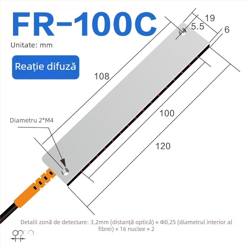 Senzor optic pe fibră Through-beam, matrice, amplificator pentru detecție în zonă, reflexie difuză