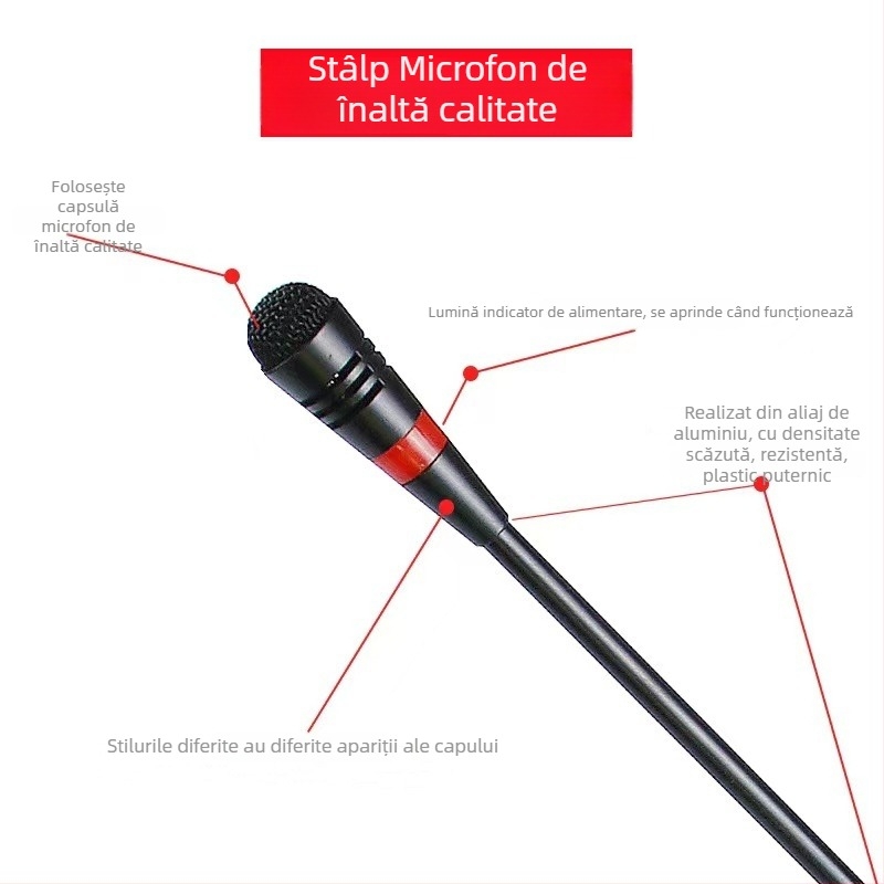 Microfon de conferințe cu tijă flexibilă gooseneck, conector aviation trei pini patru conductori, cablat, 20Hz-20kHz, SNR ≥70dB