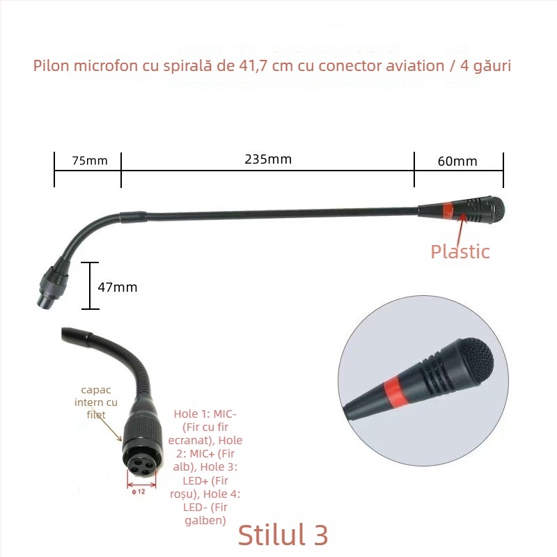 Microfon de conferințe cu tijă flexibilă gooseneck, conector aviation trei pini patru conductori, cablat, 20Hz-20kHz, SNR ≥70dB