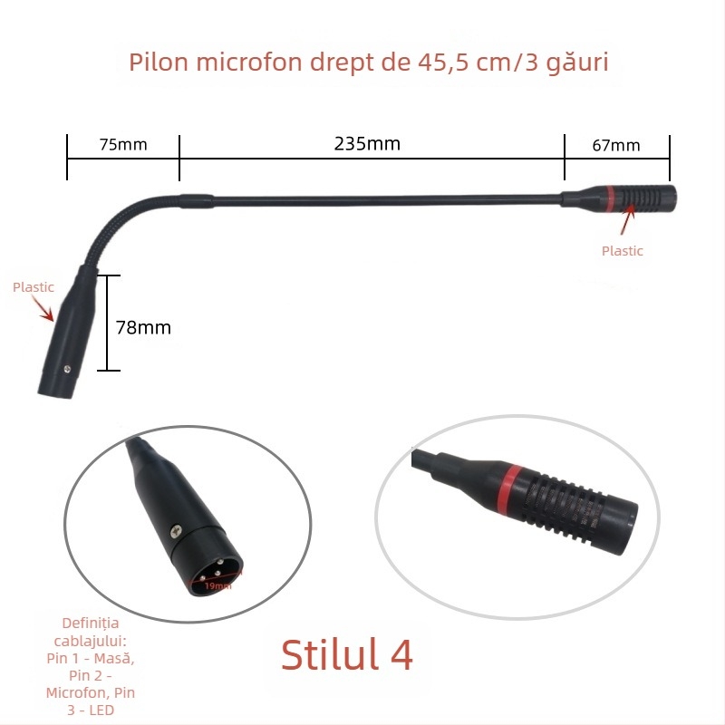 Microfon de conferințe cu tijă flexibilă gooseneck, conector aviation trei pini patru conductori, cablat, 20Hz-20kHz, SNR ≥70dB
