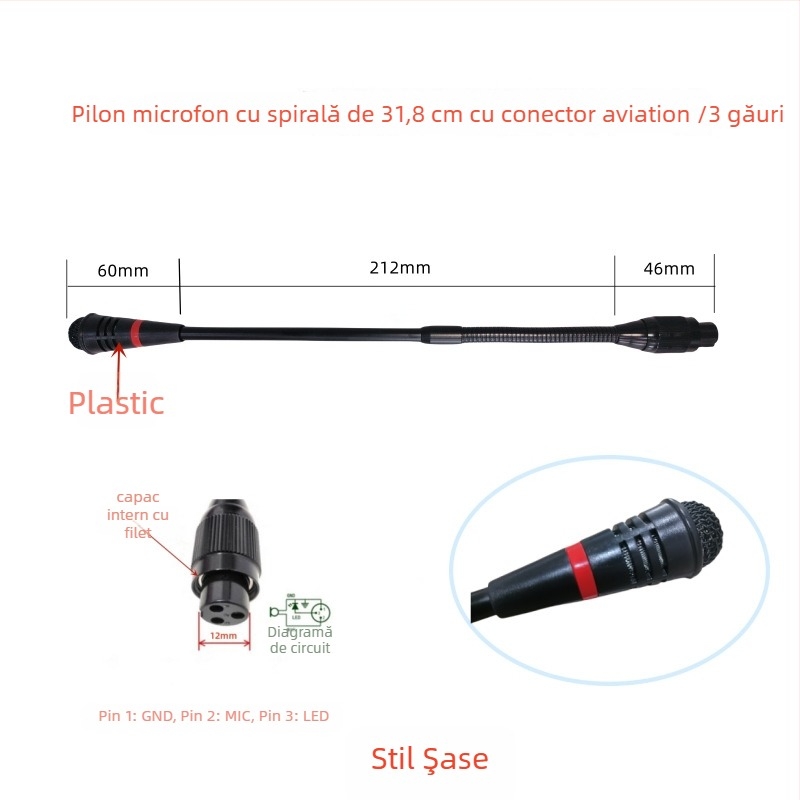 Microfon de conferințe cu tijă flexibilă gooseneck, conector aviation trei pini patru conductori, cablat, 20Hz-20kHz, SNR ≥70dB