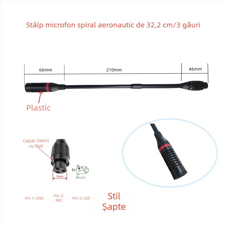 Microfon de conferințe cu tijă flexibilă gooseneck, conector aviation trei pini patru conductori, cablat, 20Hz-20kHz, SNR ≥70dB