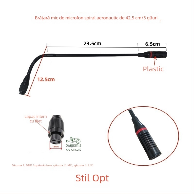 Microfon de conferințe cu tijă flexibilă gooseneck, conector aviation trei pini patru conductori, cablat, 20Hz-20kHz, SNR ≥70dB