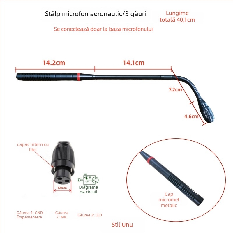 Microfon de conferințe cu tijă flexibilă gooseneck, conector aviation trei pini patru conductori, cablat, 20Hz-20kHz, SNR ≥70dB
