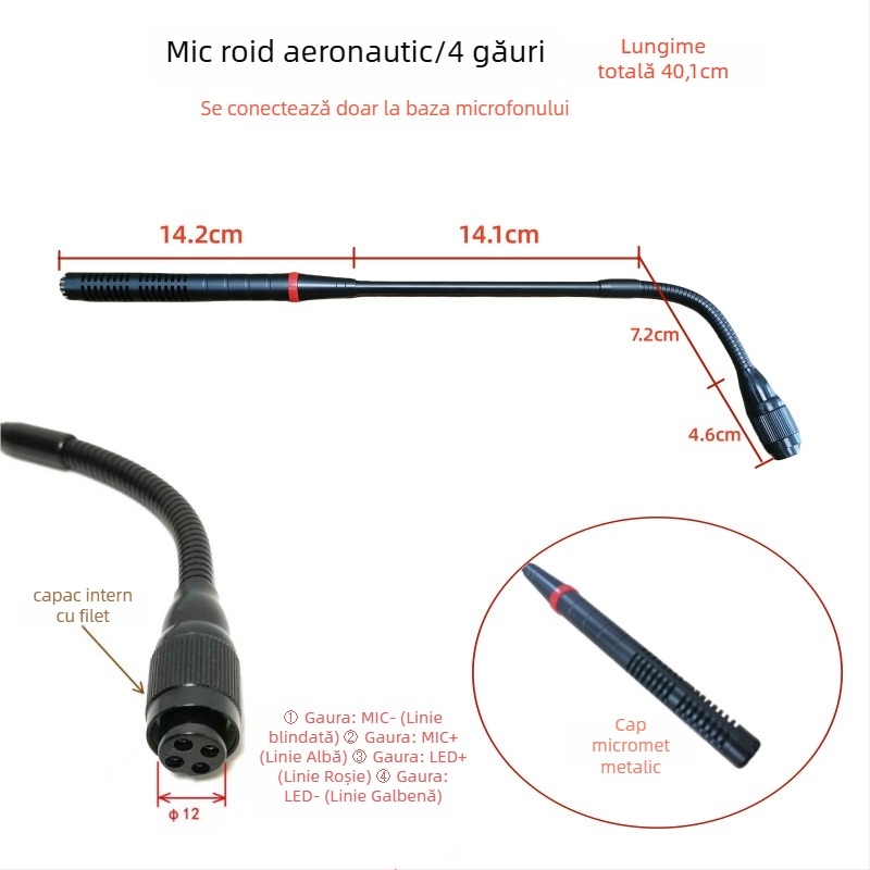 Microfon de conferințe cu tijă flexibilă gooseneck, conector aviation trei pini patru conductori, cablat, 20Hz-20kHz, SNR ≥70dB