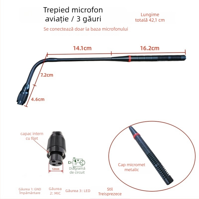 Microfon de conferințe cu tijă flexibilă gooseneck, conector aviation trei pini patru conductori, cablat, 20Hz-20kHz, SNR ≥70dB