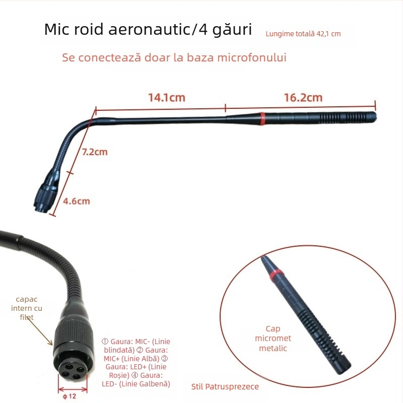 Microfon de conferințe cu tijă flexibilă gooseneck, conector aviation trei pini patru conductori, cablat, 20Hz-20kHz, SNR ≥70dB