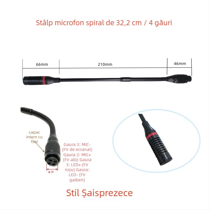 Microfon de conferințe cu tijă flexibilă gooseneck, conector aviation trei pini patru conductori, cablat, 20Hz-20kHz, SNR ≥70dB
