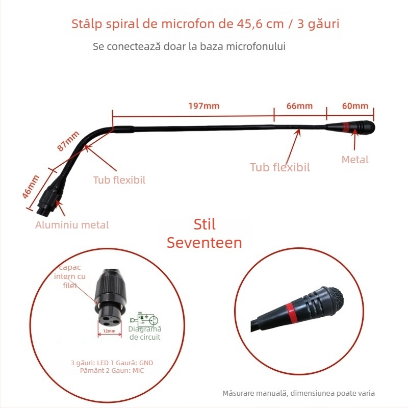 Microfon de conferințe cu tijă flexibilă gooseneck, conector aviation trei pini patru conductori, cablat, 20Hz-20kHz, SNR ≥70dB