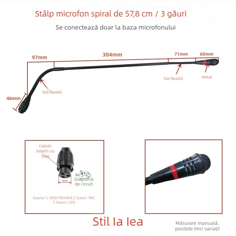 Microfon de conferințe cu tijă flexibilă gooseneck, conector aviation trei pini patru conductori, cablat, 20Hz-20kHz, SNR ≥70dB