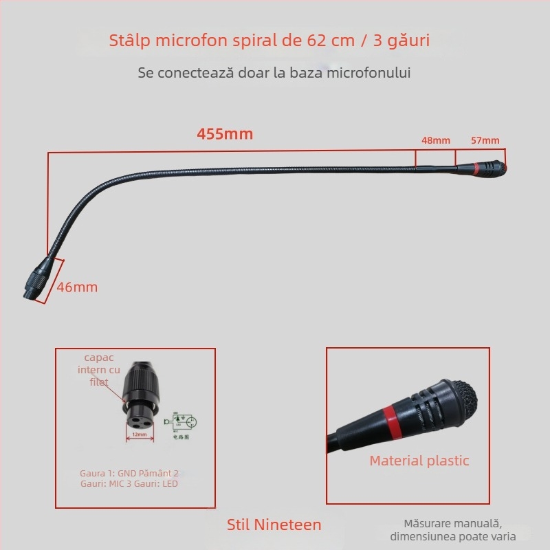Microfon de conferințe cu tijă flexibilă gooseneck, conector aviation trei pini patru conductori, cablat, 20Hz-20kHz, SNR ≥70dB