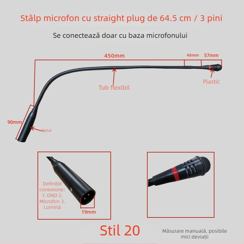 Microfon de conferințe cu tijă flexibilă gooseneck, conector aviation trei pini patru conductori, cablat, 20Hz-20kHz, SNR ≥70dB