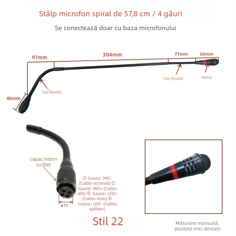 Microfon de conferințe cu tijă flexibilă gooseneck, conector aviation trei pini patru conductori, cablat, 20Hz-20kHz, SNR ≥70dB