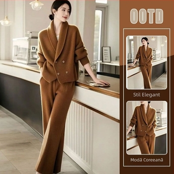 Set tricotat casual din două piese cu palton-sweater și pantaloni largi (bumbac; lungime pantaloni: trei sferturi; mânecă: printesă; sezon: iarnă-primăvară; stil: Doamnă Elegantă)