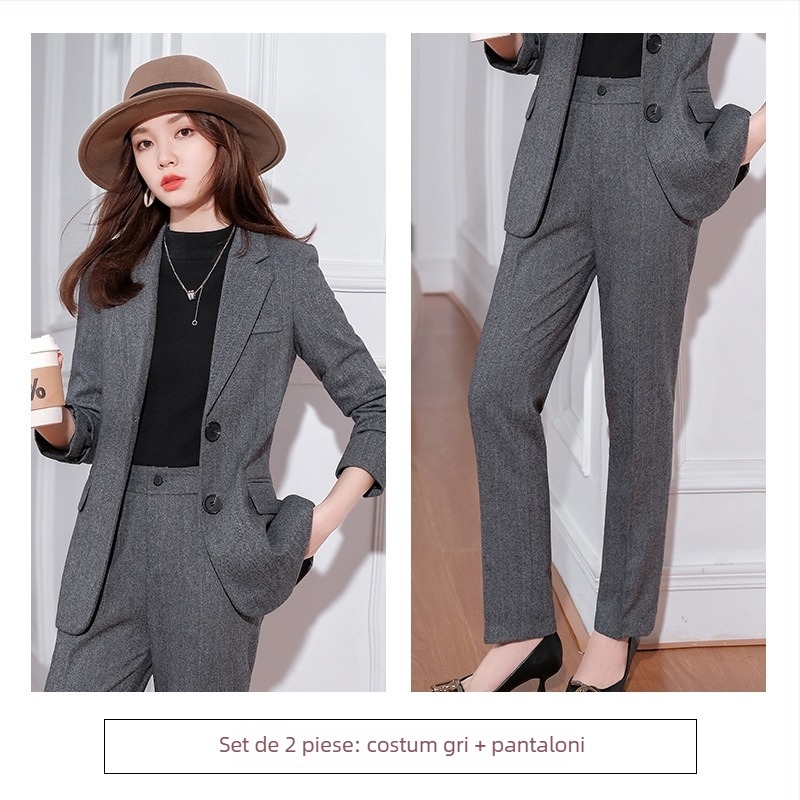 Costum femei din lână amestec, set pantaloni, mâneci lungi, model solid, primăvara 2025