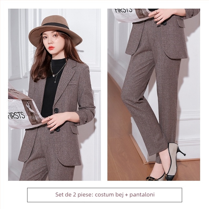 Costum femei din lână amestec, set pantaloni, mâneci lungi, model solid, primăvara 2025