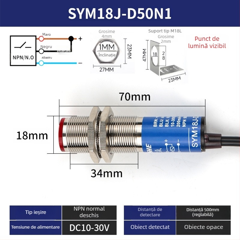 Senzor laser M18 SYM18J-D50N1 întrerupător fotoelectric cu infraroșu difuz, IP66